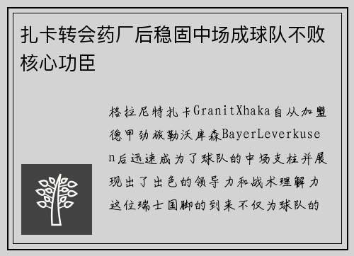 扎卡转会药厂后稳固中场成球队不败核心功臣 扎卡转会药厂后稳固中场成球队不败核心功臣
