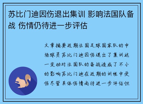 苏比门迪因伤退出集训 影响法国队备战 伤情仍待进一步评估 苏比门迪因伤退出集训 影响法国队备战 伤情仍待进一步评估